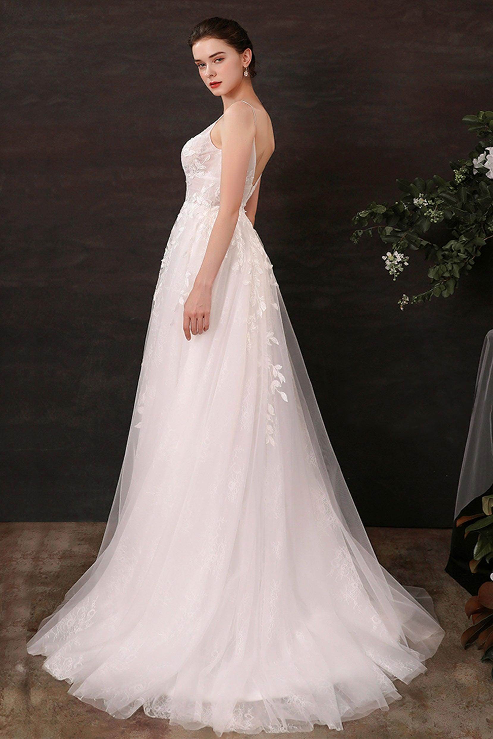 A-Line Sweep-Brush Train Lace Tulle Wedding Dress CW2685 - COCOMELODY